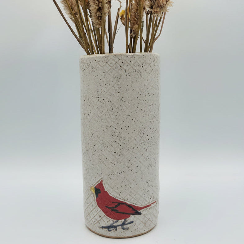 Cardinal on White Stoneware Vase