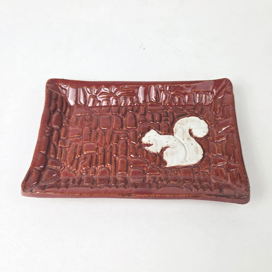 White Squirrel on Cinnamon Stoneware Trinket Dish