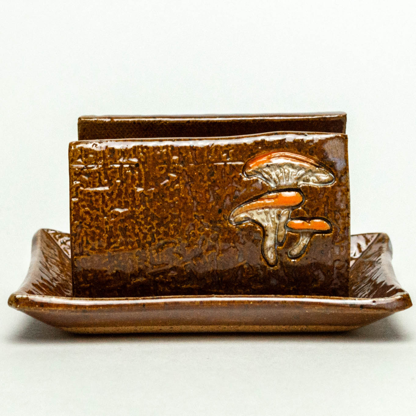 Jack-O'-Lantern Mushroom on Brown Stoneware Sponge Holder