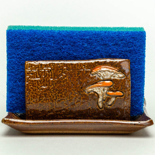 Jack-O'-Lantern Mushroom on Brown Stoneware Sponge Holder