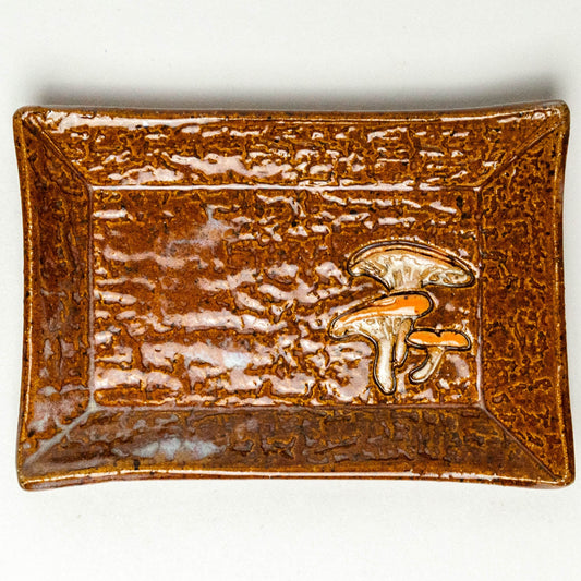 Jack-O'-Lantern Mushroom on Brown Stoneware Trinket Dish