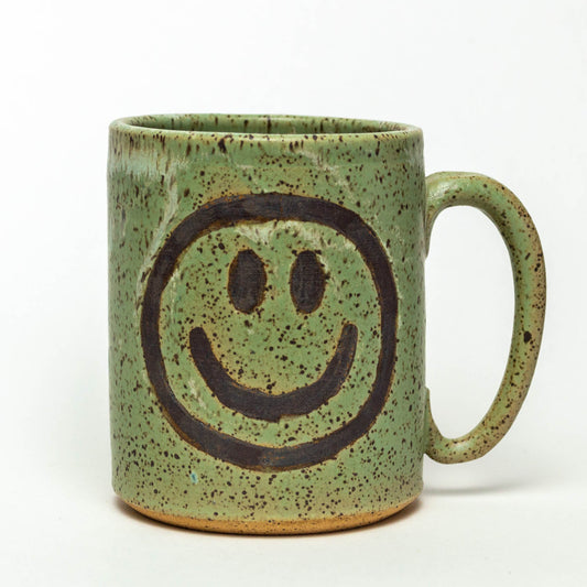 Green Smiley Face Hand Thrown Stoneware 14oz Mug