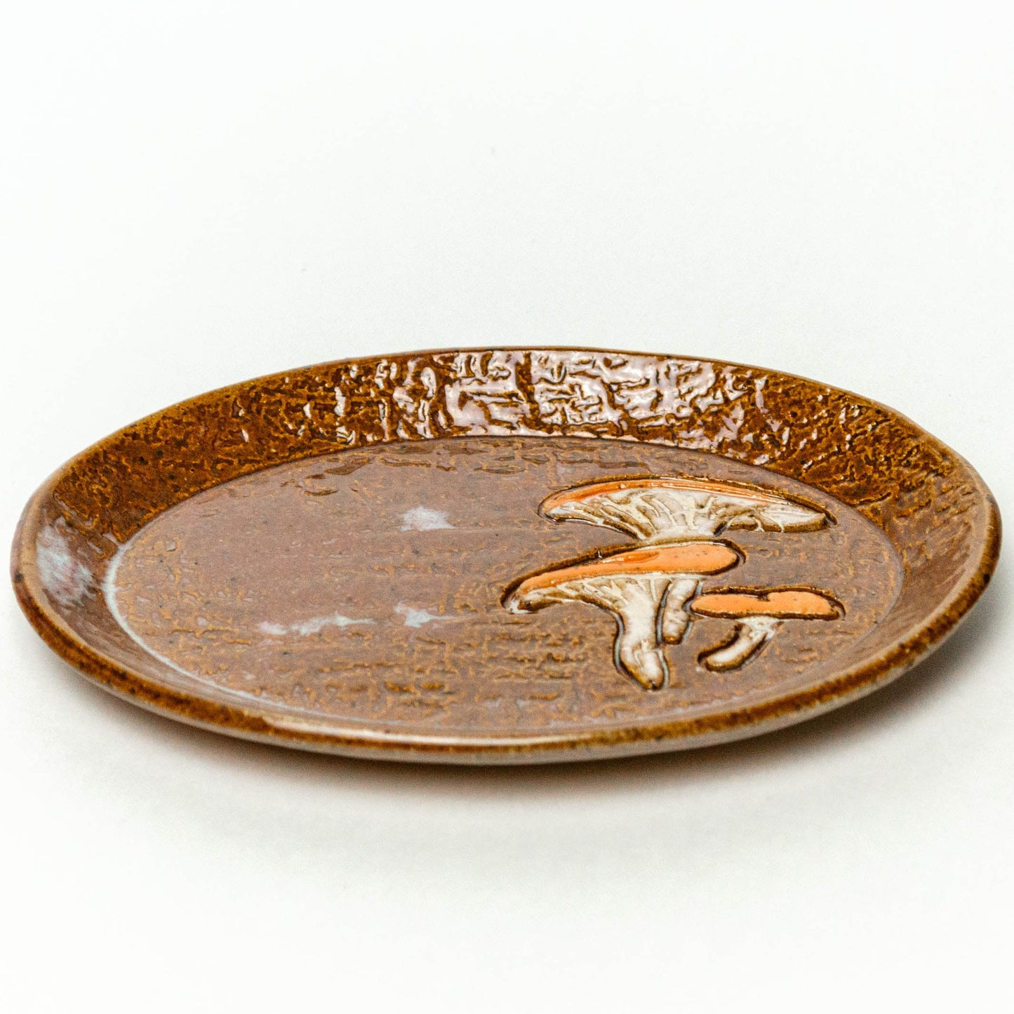 Jack-O'-Lantern Mushroom on Brown Oval Stoneware Trinket Dish