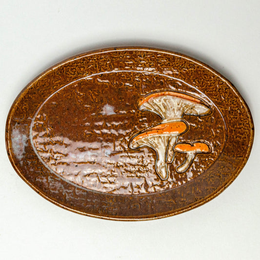 Jack-O'-Lantern Mushroom on Brown Oval Stoneware Trinket Dish