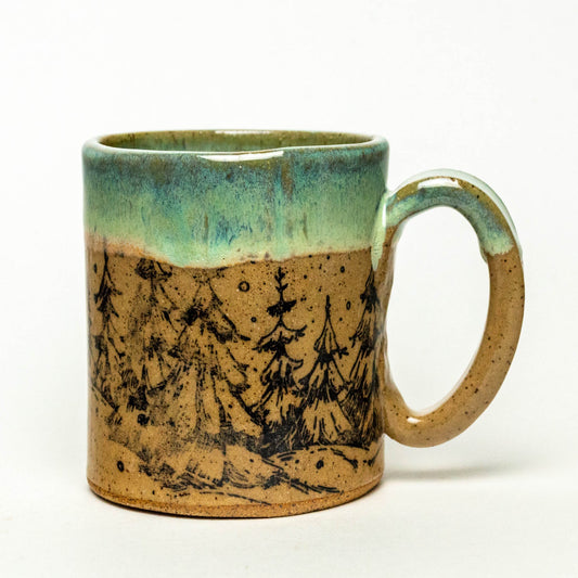 Green Drip Rim Winter Tree Print Stoneware 12oz Mug