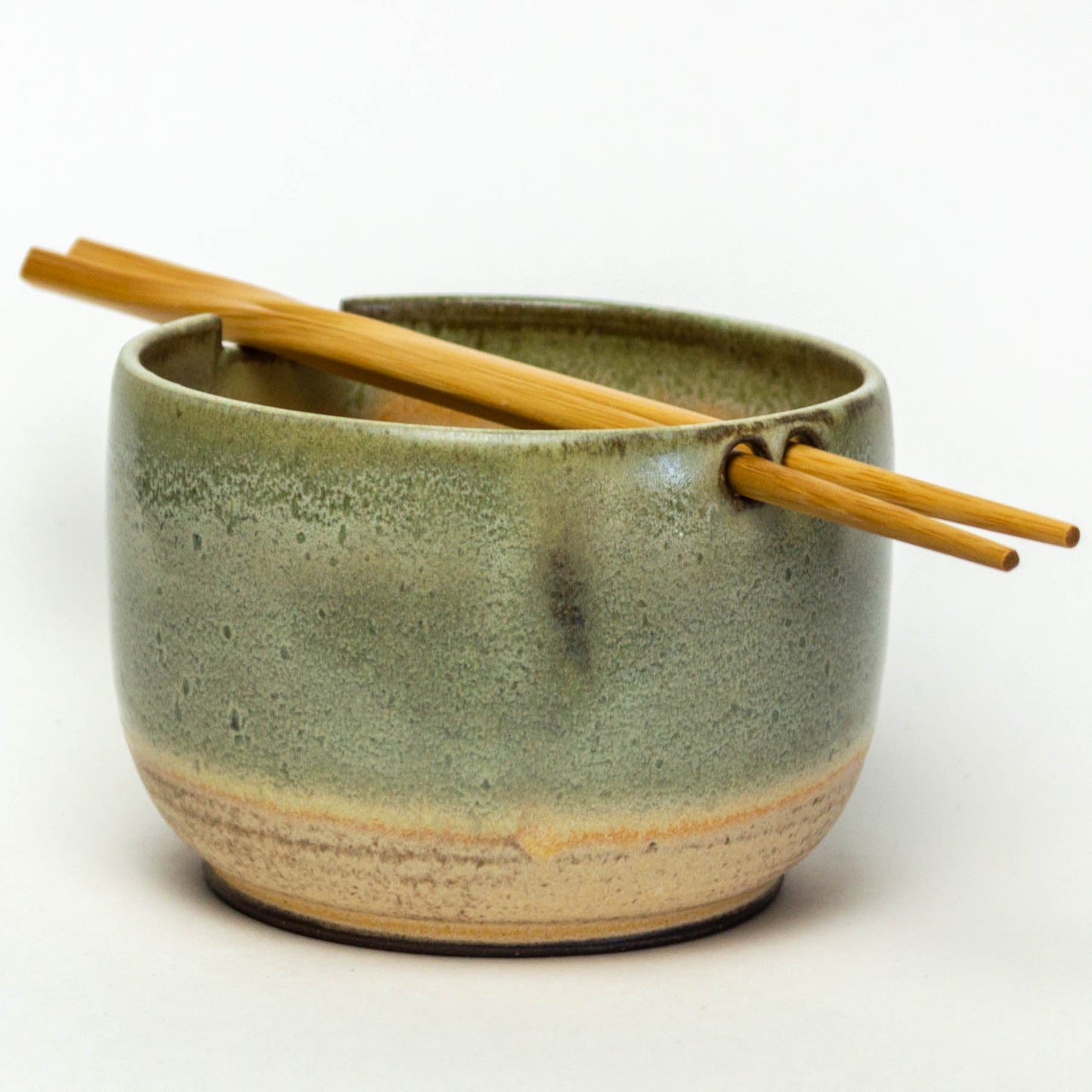 Hand-Thrown Green over Cream Stoneware Chocolate Clay Rice Bowl