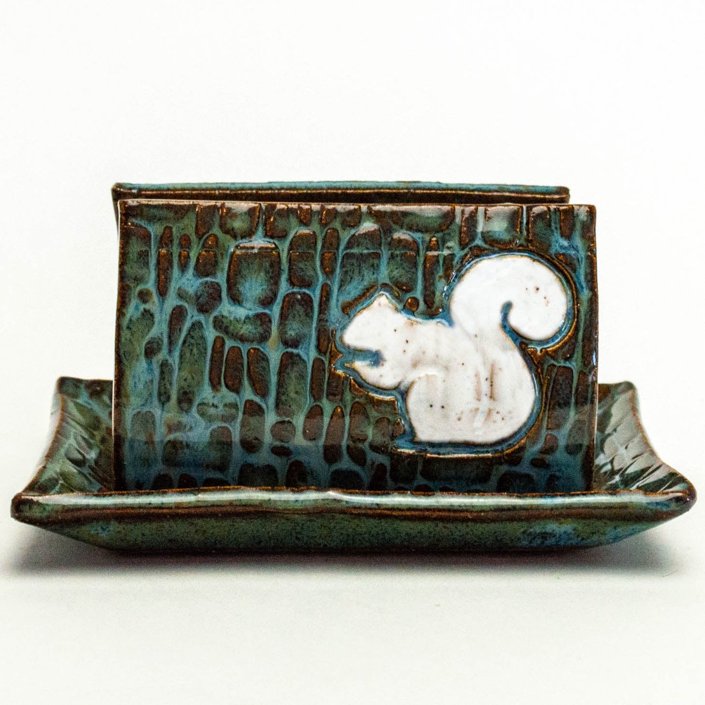 White Squirrel on Blue Stoneware Sponge Holder