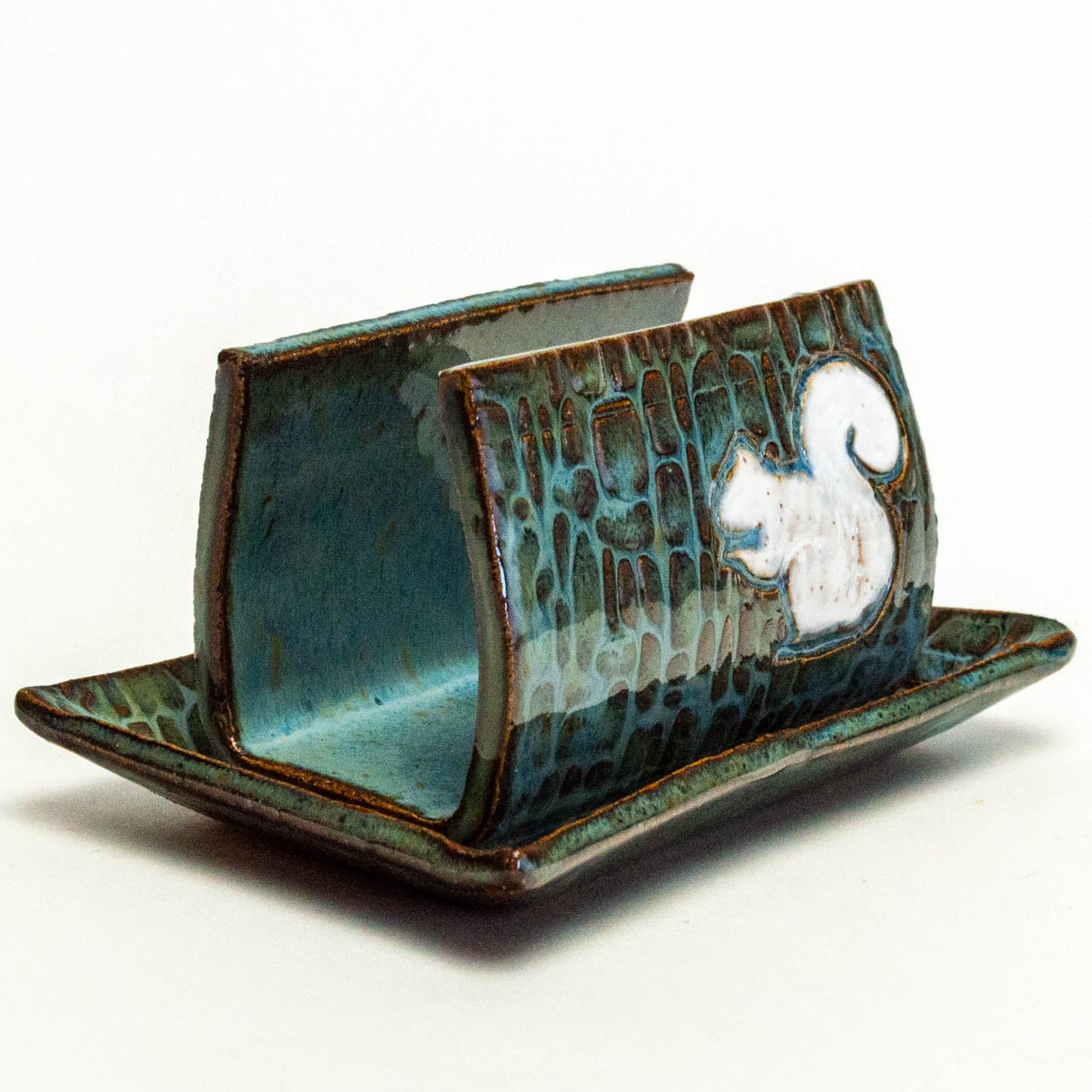 White Squirrel on Blue Stoneware Sponge Holder