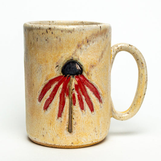 Red Cone Flower Beige Stoneware 14oz Mug
