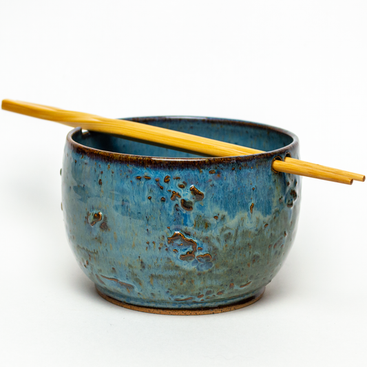 Blue Wave Design Stoneware Rice Bowl w/Chopsticks