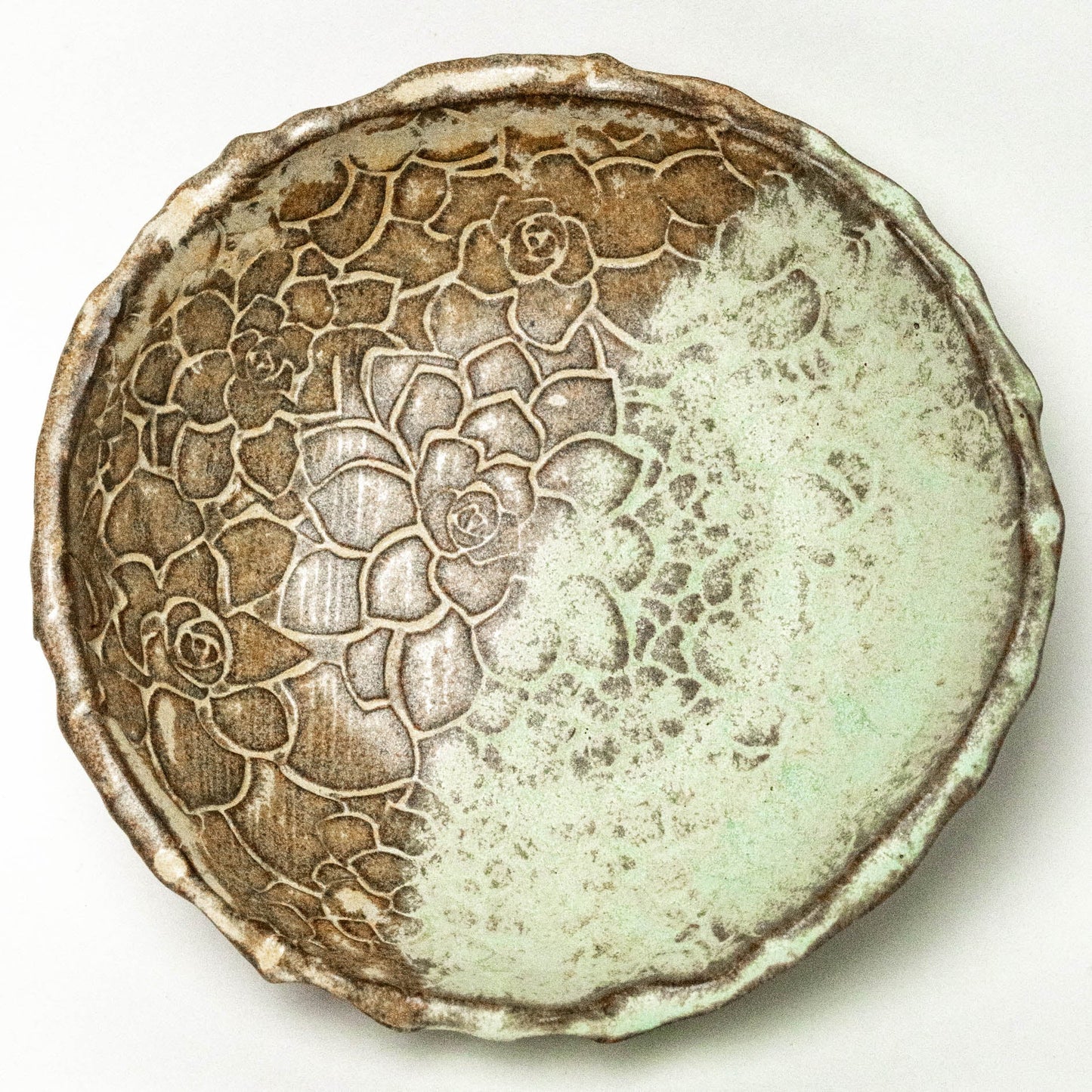 Succulent Pattern Chocolate Stoneware Green 6" Bowl