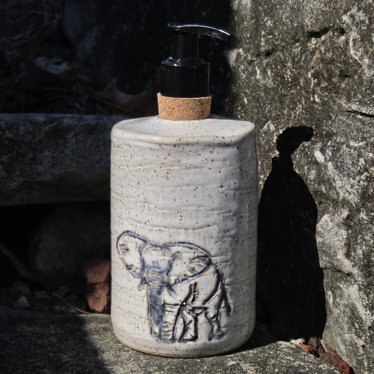 Elephant on White Stoneware Soap/Lotion Dispenser
