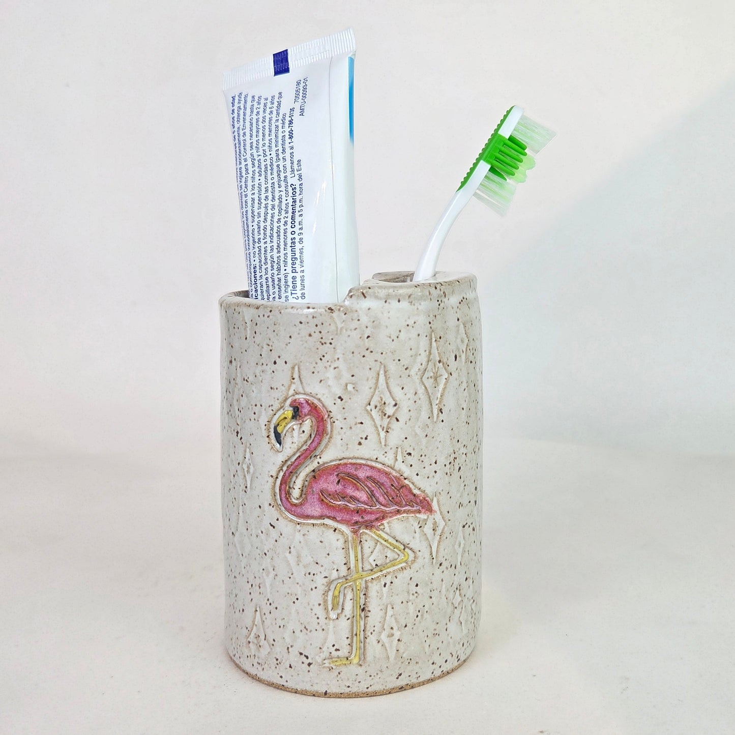 Flamingo on White Handmade Stoneware Toothbrush Holder