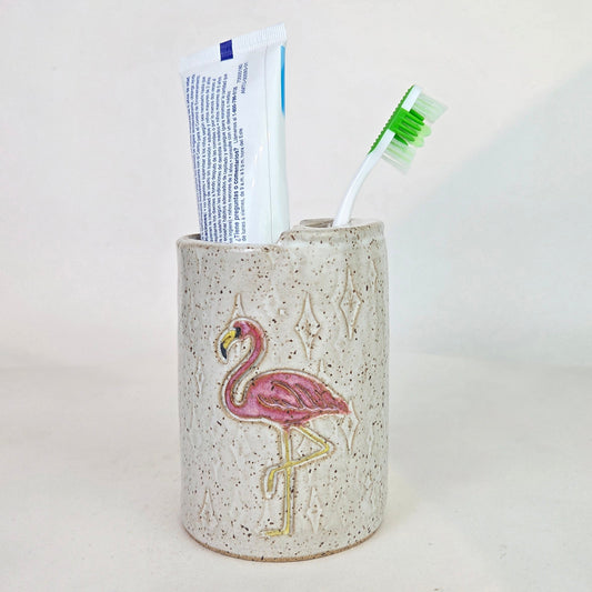 Flamingo on White Handmade Stoneware Toothbrush Holder