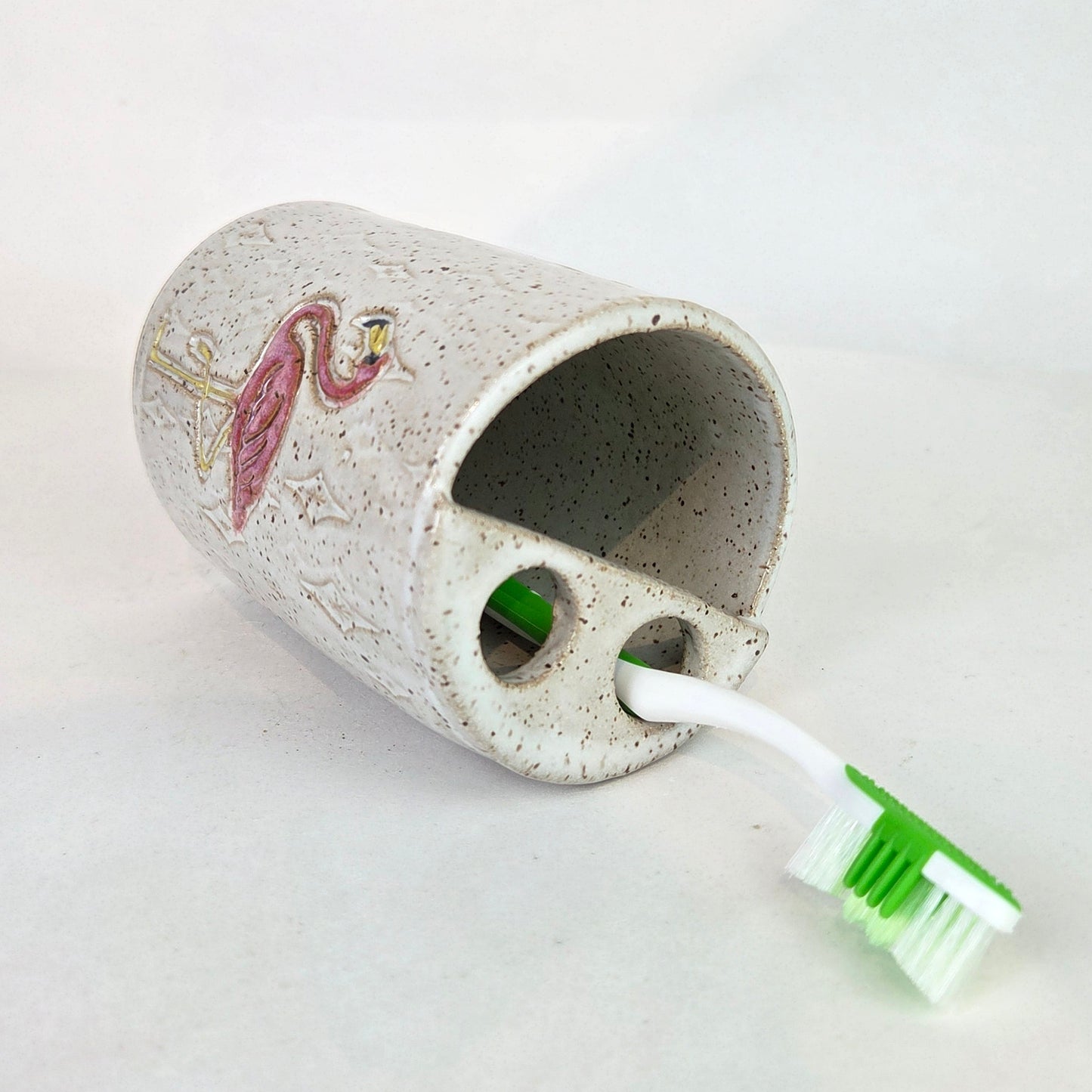 Flamingo on White Handmade Stoneware Toothbrush Holder