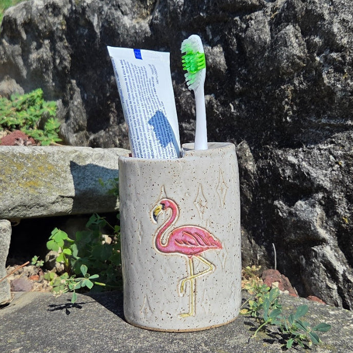 Flamingo on White Handmade Stoneware Toothbrush Holder