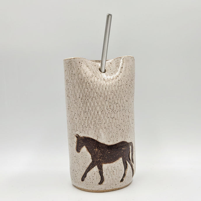 Brown Horse on White Stoneware Travel/Sipper 16oz Mug w/Metal Straw