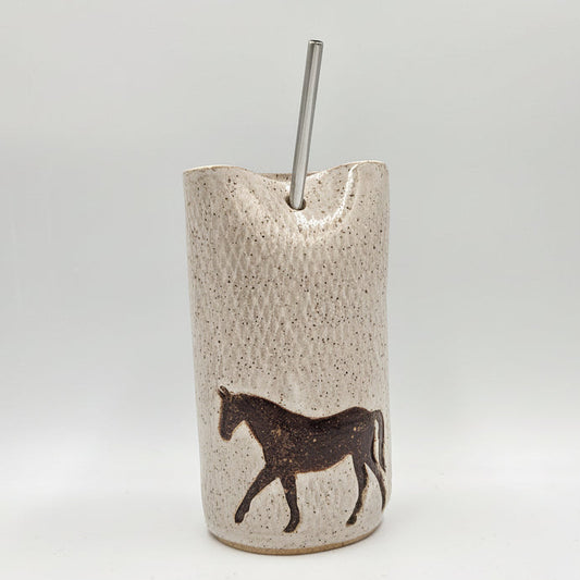 Brown Horse on White Stoneware Travel/Sipper 16oz Mug w/Metal Straw