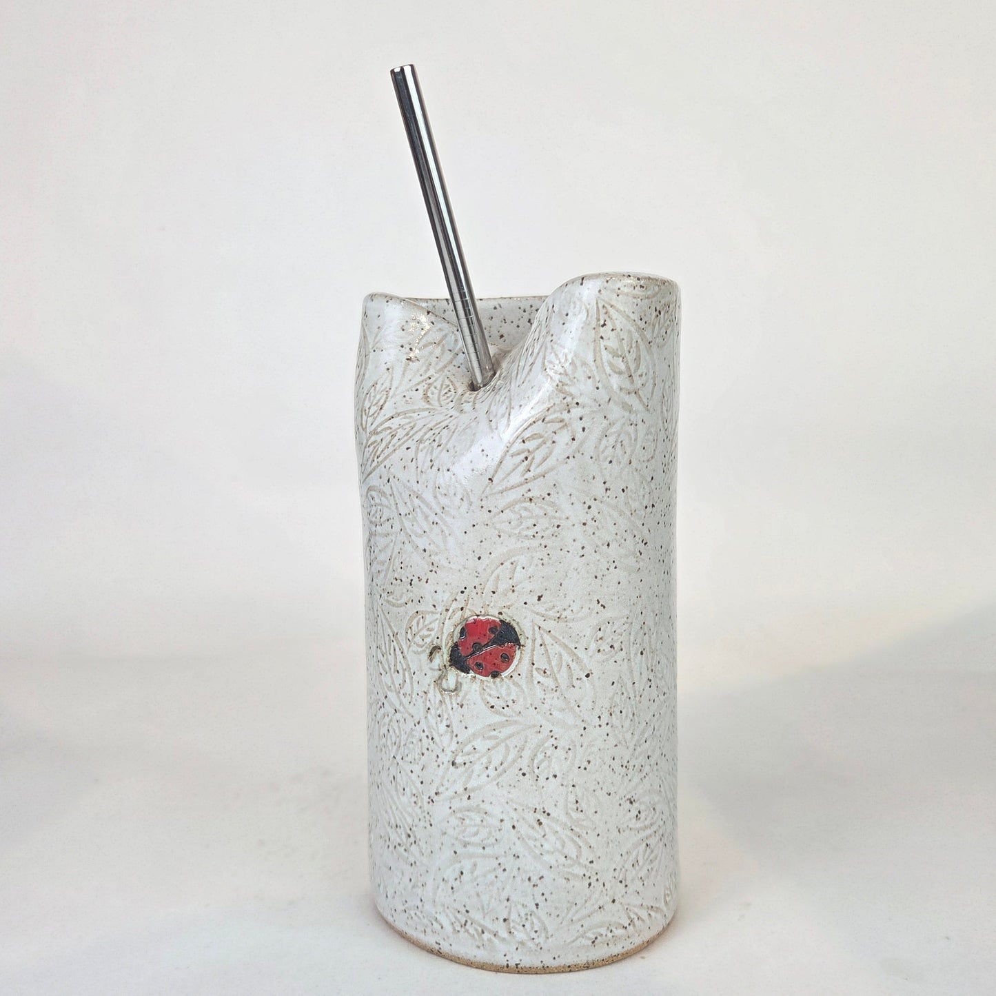 Ladybug Pattern on White Stoneware Travel/Sipper 16oz Mug w/Metal Straw