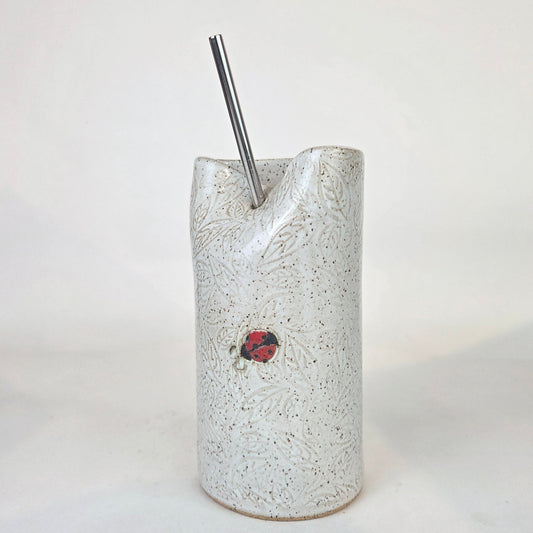 Ladybug Pattern on White Stoneware Travel/Sipper 16oz Mug w/Metal Straw