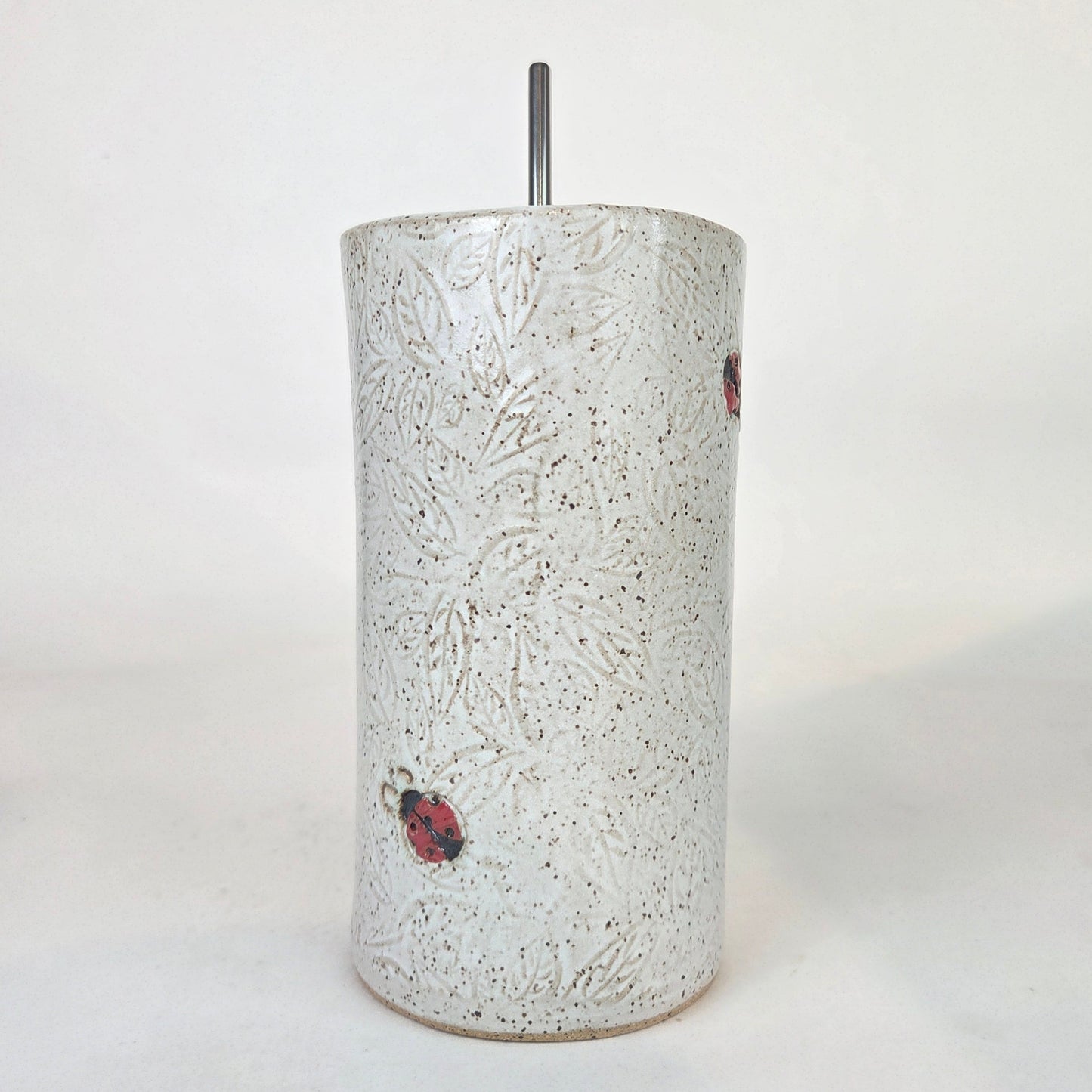 Ladybug Pattern on White Stoneware Travel/Sipper 16oz Mug w/Metal Straw