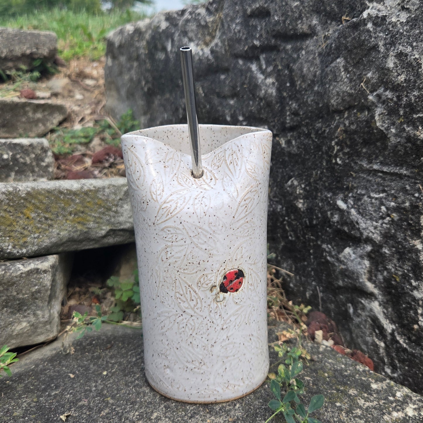 Ladybug Pattern on White Stoneware Travel/Sipper 16oz Mug w/Metal Straw