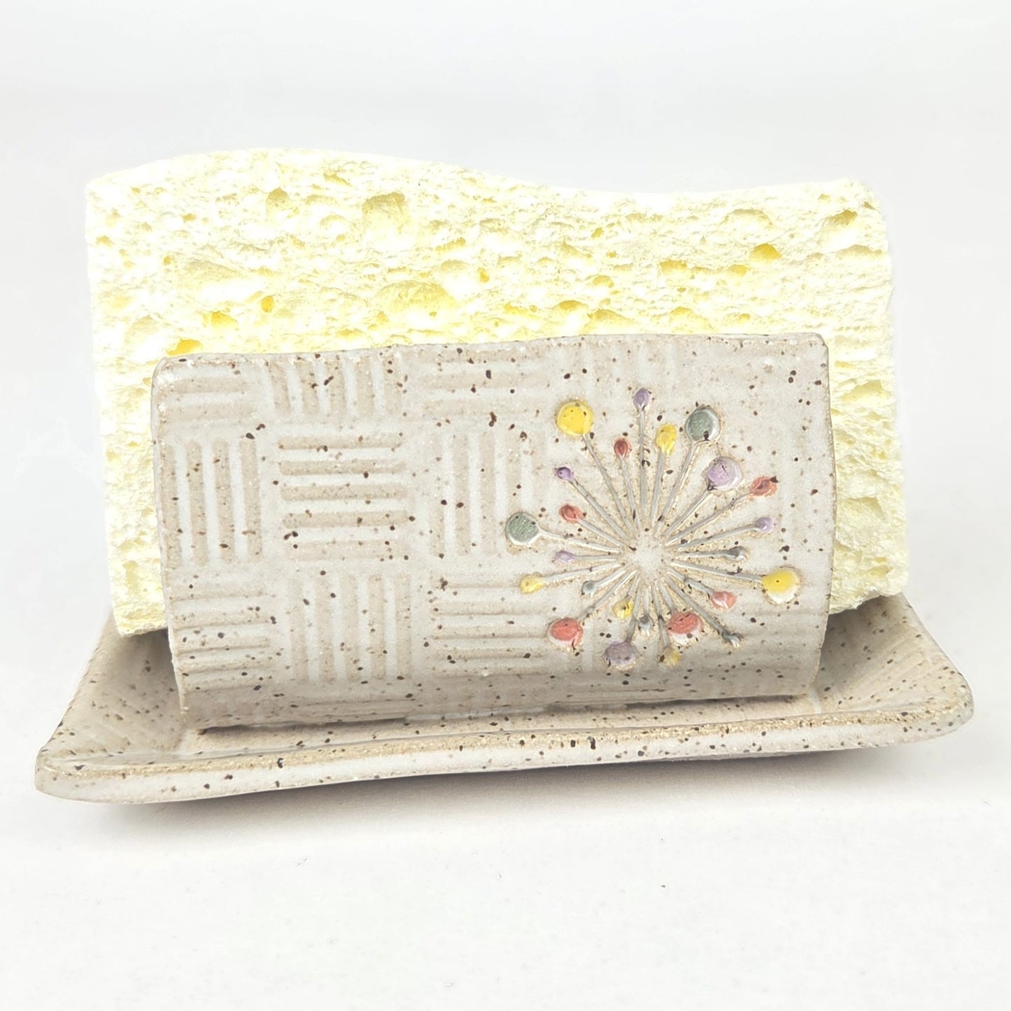 Art Deco Sunburst on White Stoneware Sponge Holder