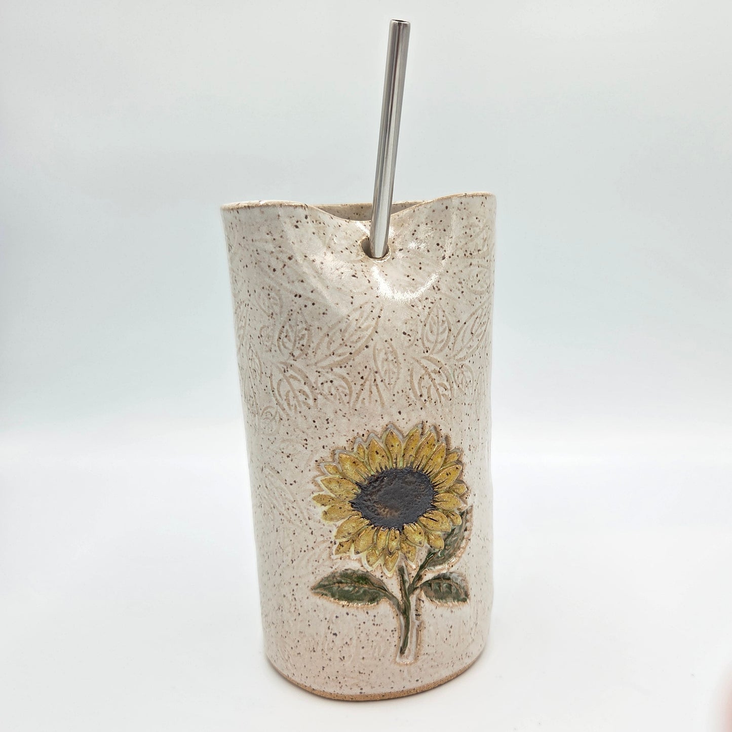 Sunflower on White Stoneware Travel/Sipper 16oz Mug w/Metal Straw