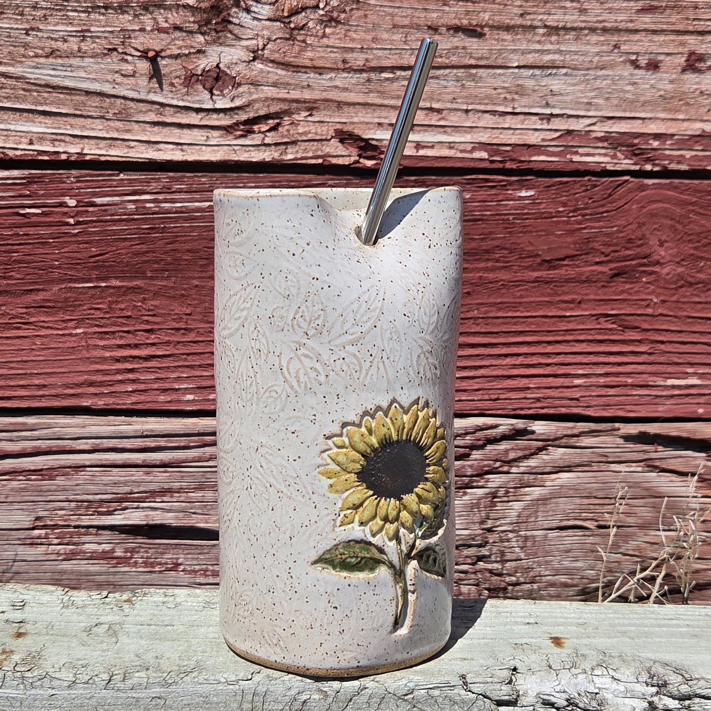 Sunflower on White Stoneware Travel/Sipper 16oz Mug w/Metal Straw