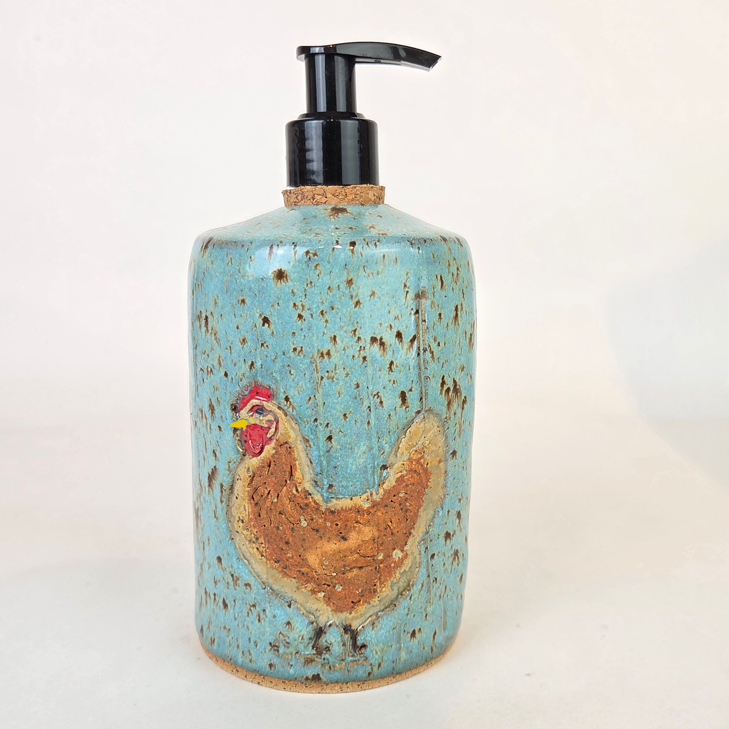 Brown Chicken on Blue Spangle Stoneware Soap/Lotion Dispenser