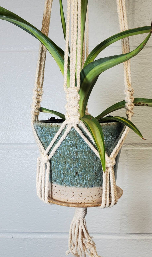 Turquoise 4" Hanging Hand Thrown Planter w/ Macrame Hanger