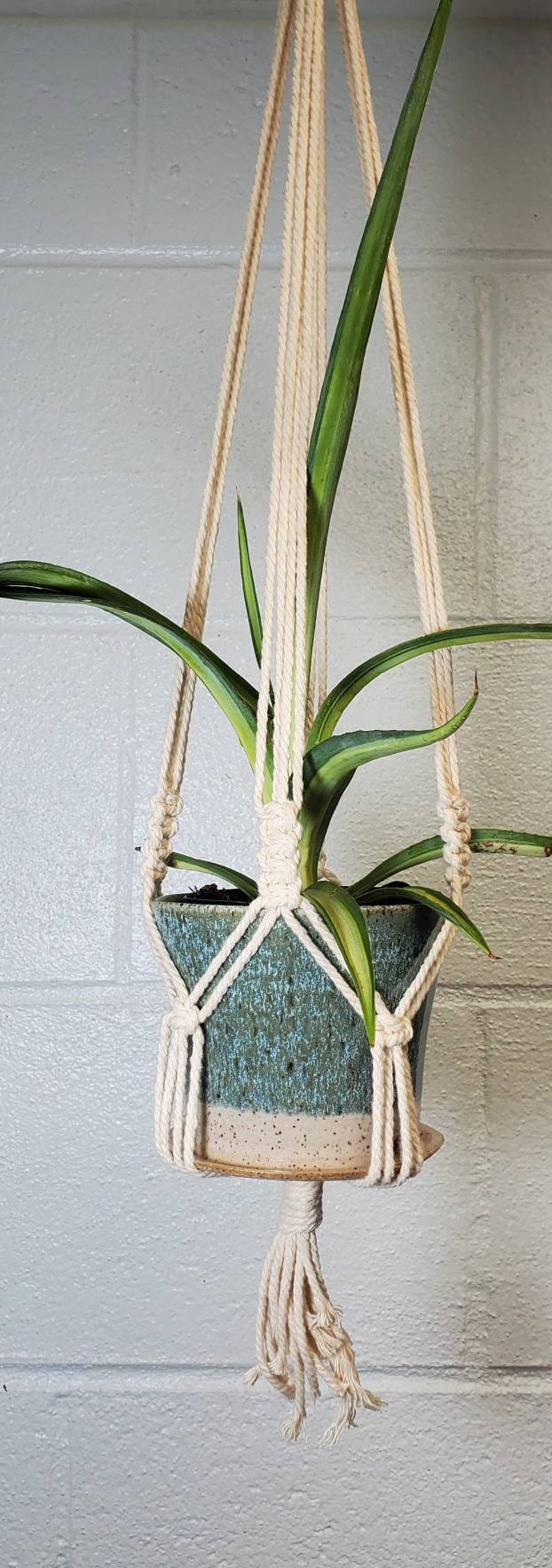 Turquoise 4" Hanging Hand Thrown Planter w/ Macrame Hanger