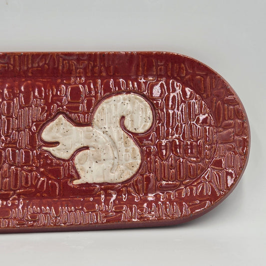 White Squirrel on Cinnamon Stoneware 12"x4" Platter