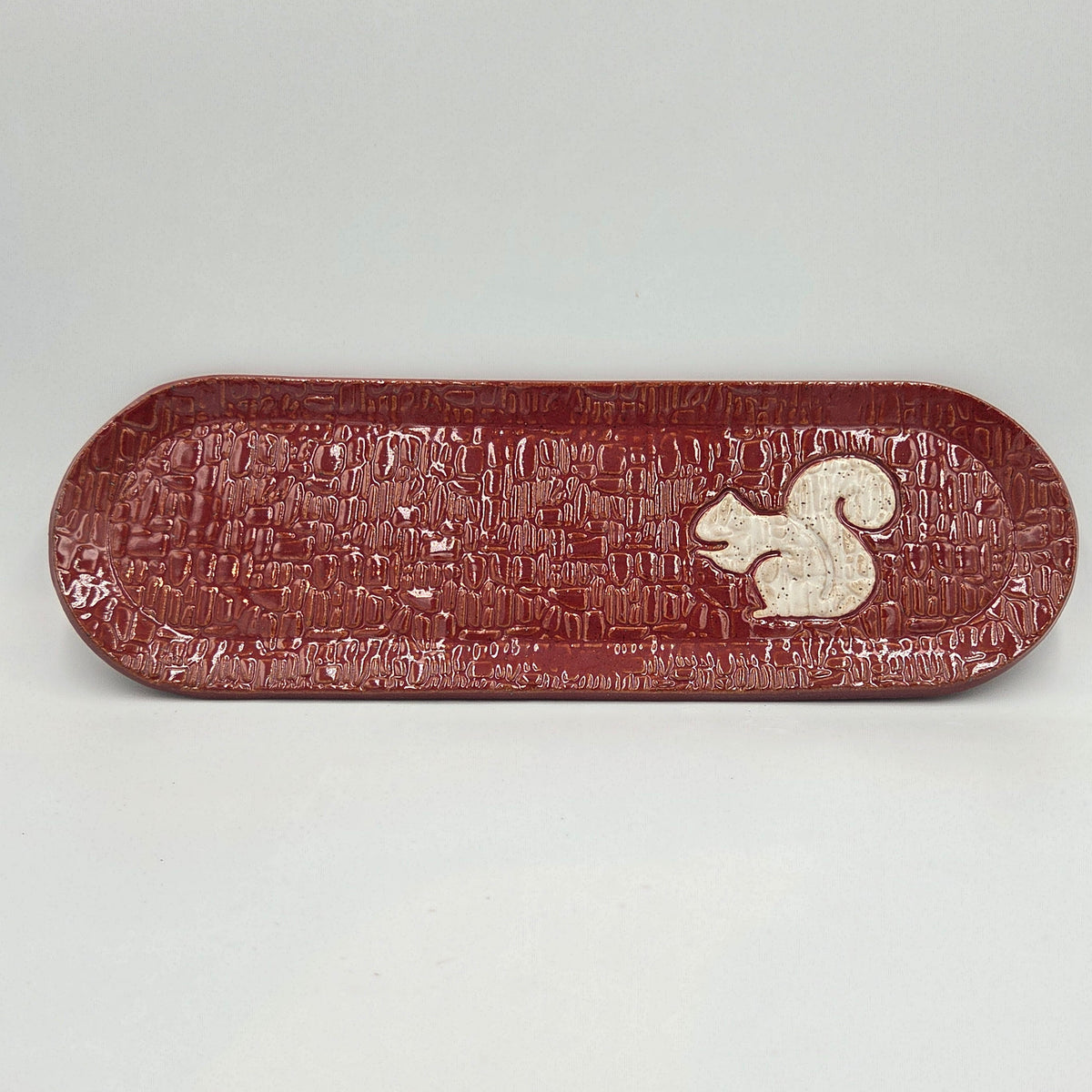 White Squirrel on Cinnamon Stoneware 12"x4" Platter