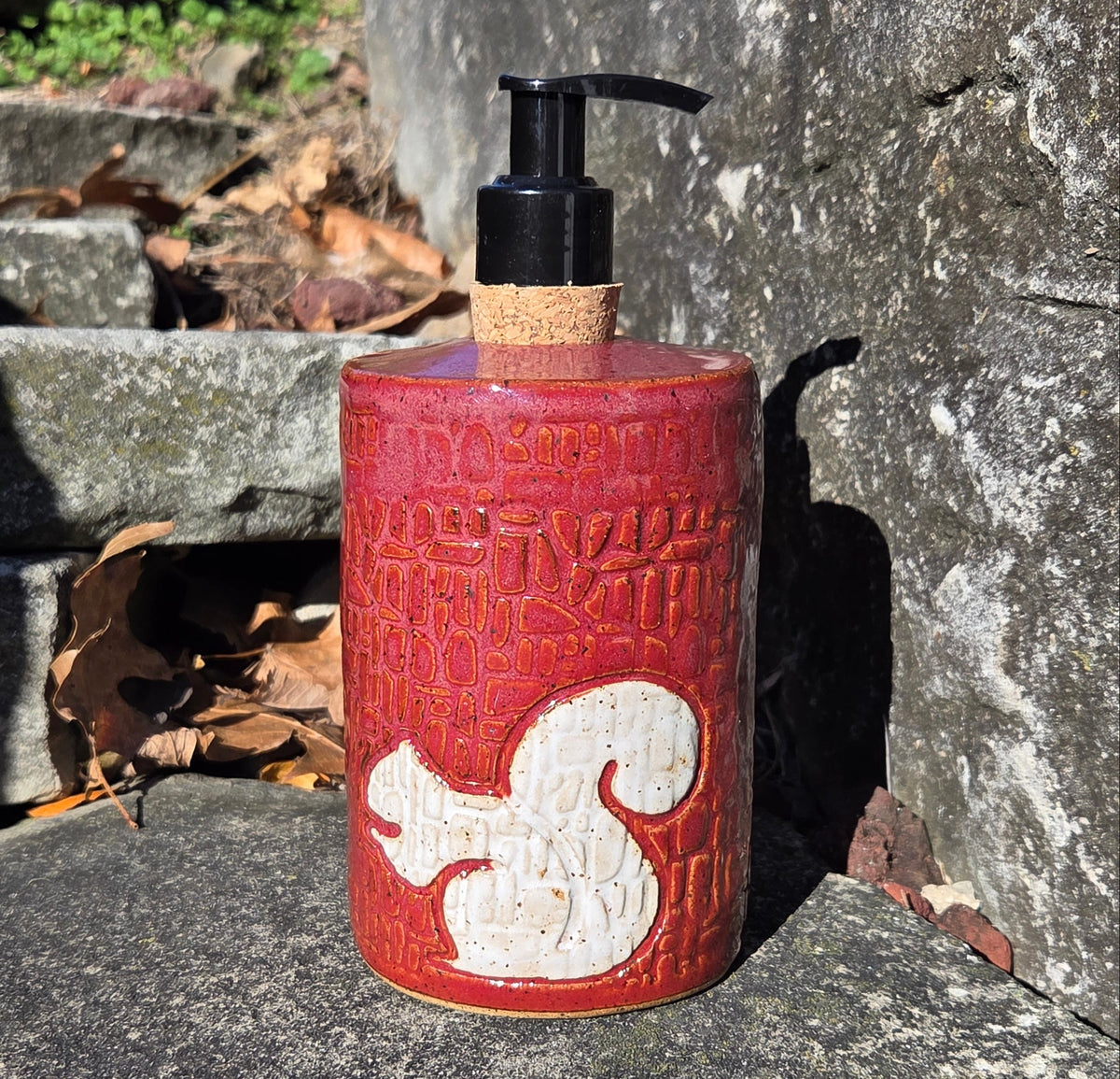 White Squirrel on Cinnamon Stoneware Soap Dispenser