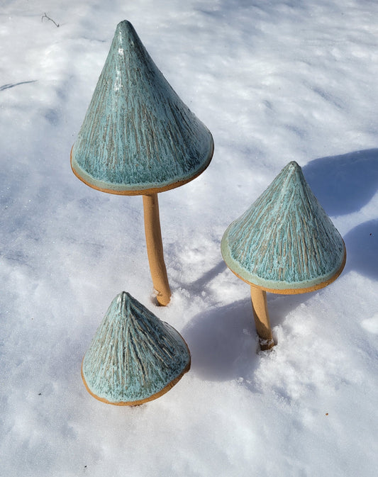 Set of 3 Turquoise Stoneware Garden Mushrooms