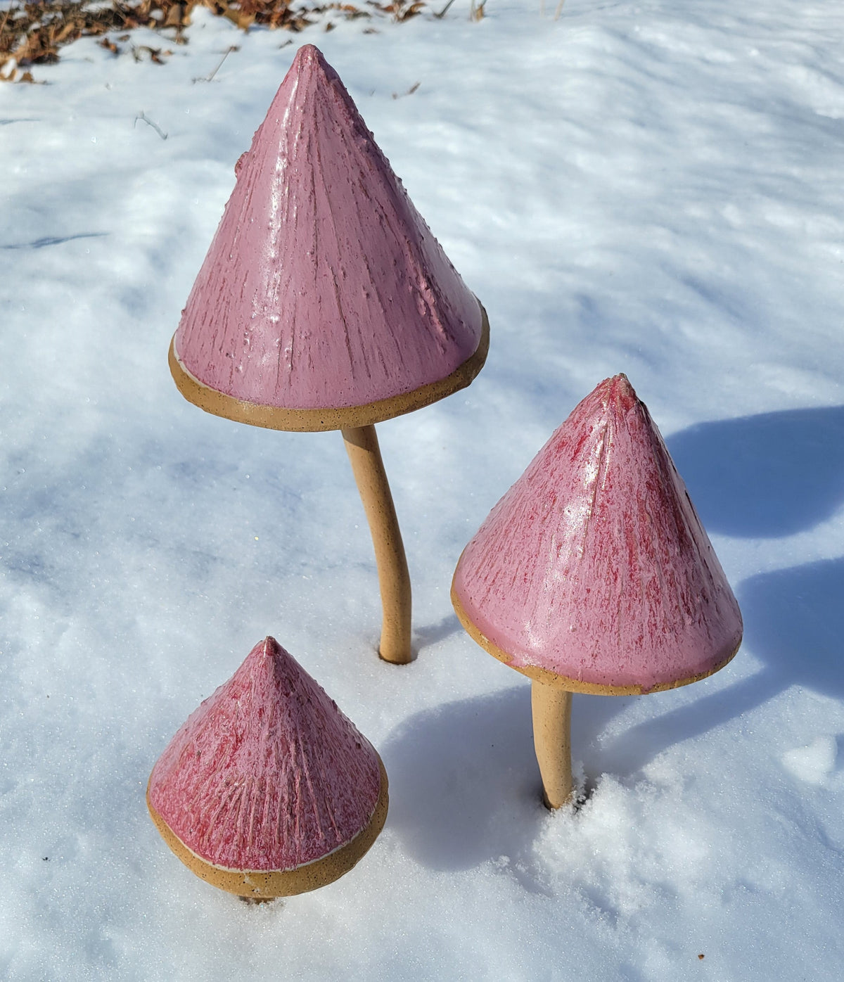 Set of 3 Red/Pink Stonware Garden Mushrooms