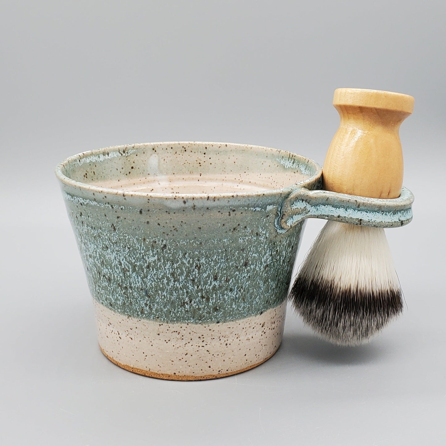 Turquoise & White Hand-Thrown Stoneware Shave Bowl w/ Brush