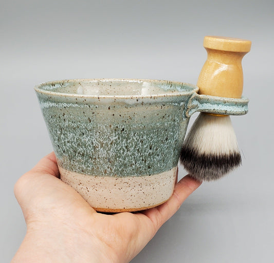 Turquoise & White Hand-Thrown Stoneware Shave Bowl w/ Brush