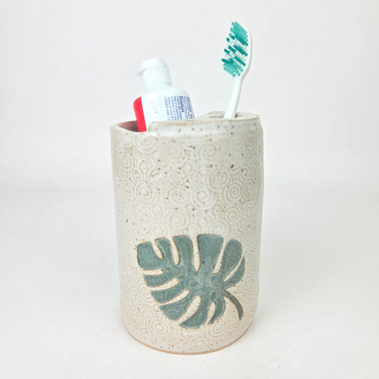 Monstera Leaf on White Handmade Stoneware Toothbrush Holder