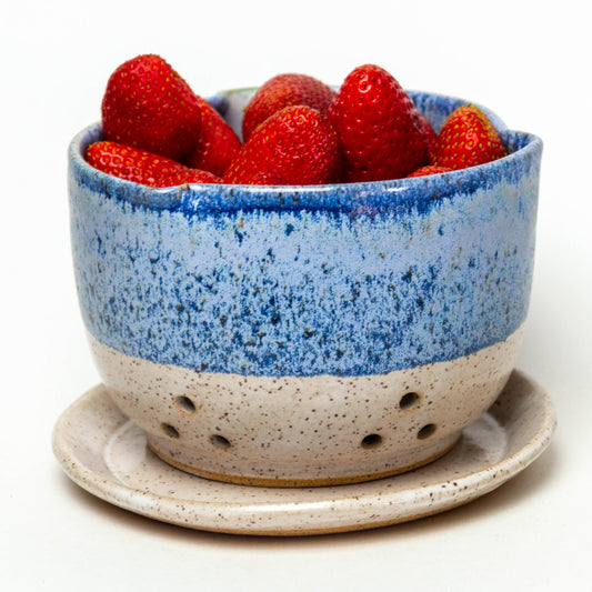 Blue Wash Hand Thrown Stoneware Berry Bowl & Saucer