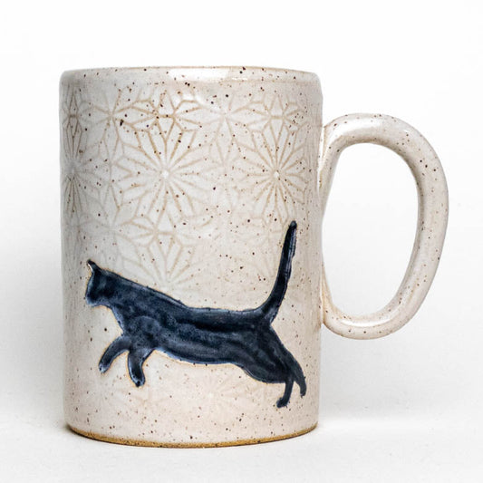 Black Jumping Cat on White Stoneware 14oz Mug