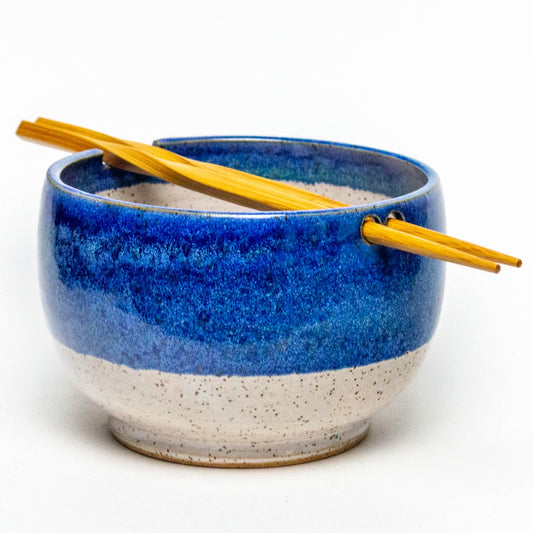 Blue & White Stoneware Rice Bowl w/Chopsticks