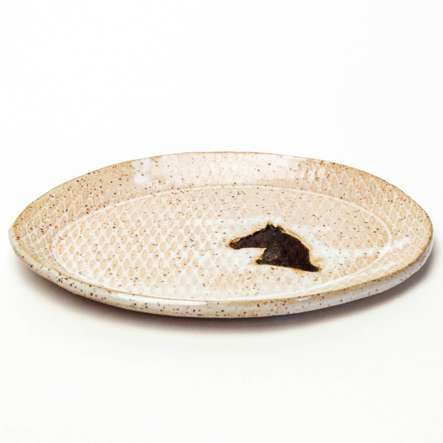 Brown Horse on White Stoneware Oval Trinket Dish