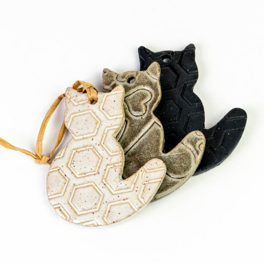 Cat Shaped Handmade in Ohio Stoneware Ceramic Ornament