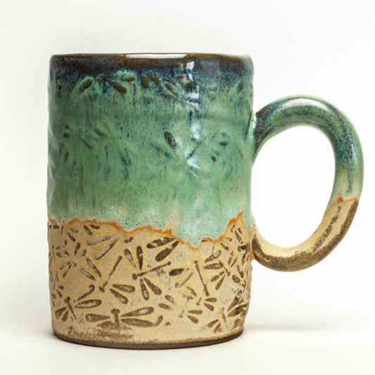 Green Dragonfly Pattern Handmade Chocolate Stoneware 14 oz Mug