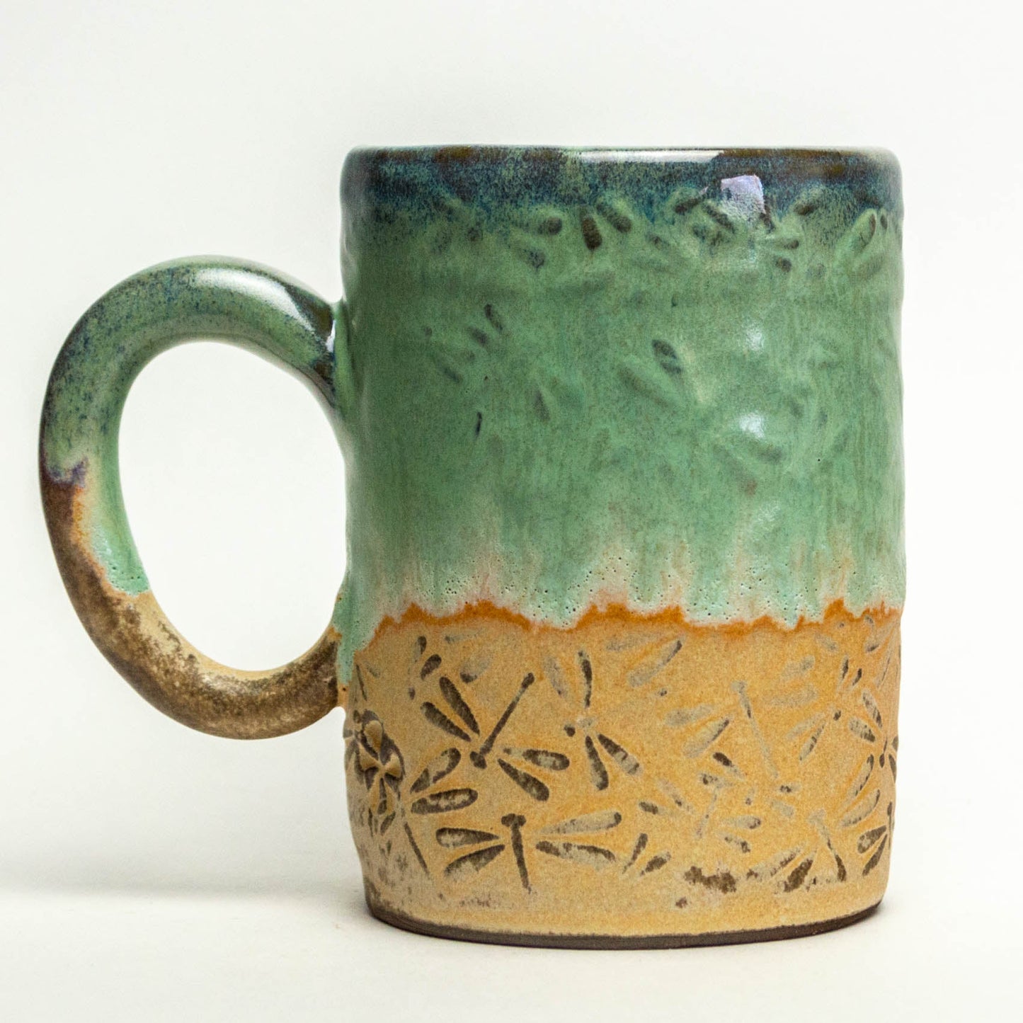 Green Dragonfly Pattern Handmade Chocolate Stoneware 14 oz Mug