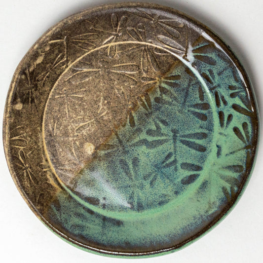 Dragonfly Pattern Green on Chocolate Stoneware Round Trinket Dish