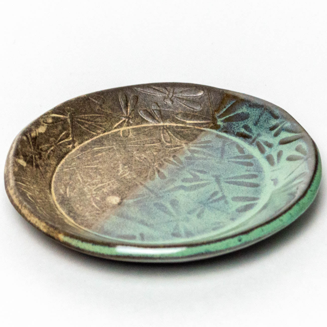 Dragonfly Pattern Green on Chocolate Stoneware Round Trinket Dish