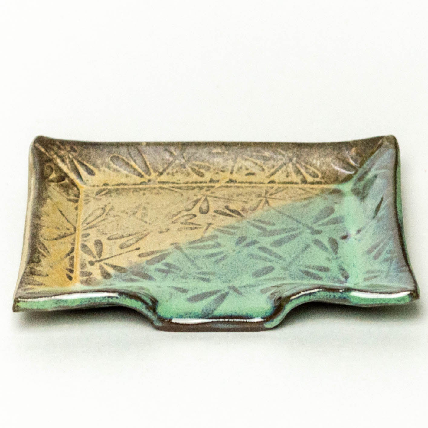 Dragonfly Pattern Green & Beige Chocolate Stoneware Soap Dish